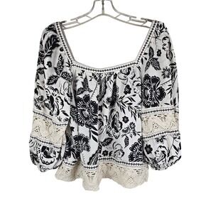 Christian Siriano Linen Blend Floral Crochet Lace Trim Peasant Top Large